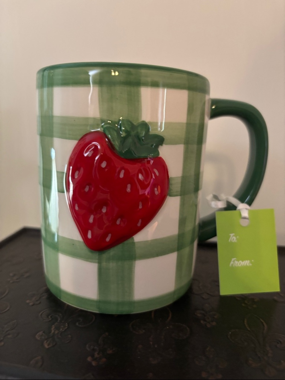 🍓 LANG Green Plaid Ceramic Strawberry Mug